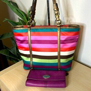 Coach Legacy Stripe Tote F0926-F14009 and Fossil Wallet with Coordinating Color